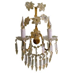 Vintage Italian Gilt Metal Two-Light Sconce with Crystal Glass Flowers and Prisms