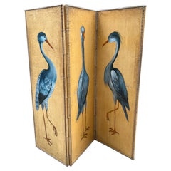 Antique Screen with Blue Heron with Three Doors, Oil on Canvas Late 19th Century