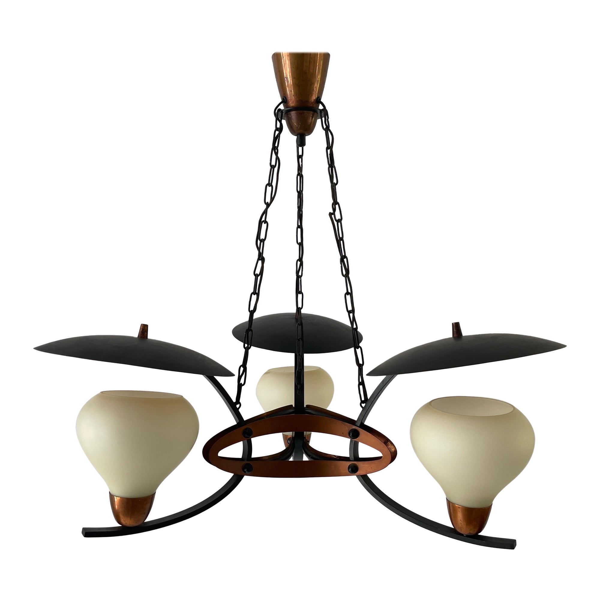 3-armed Glass and Copper Black Metal Chandelier, 1960s, Germany For Sale