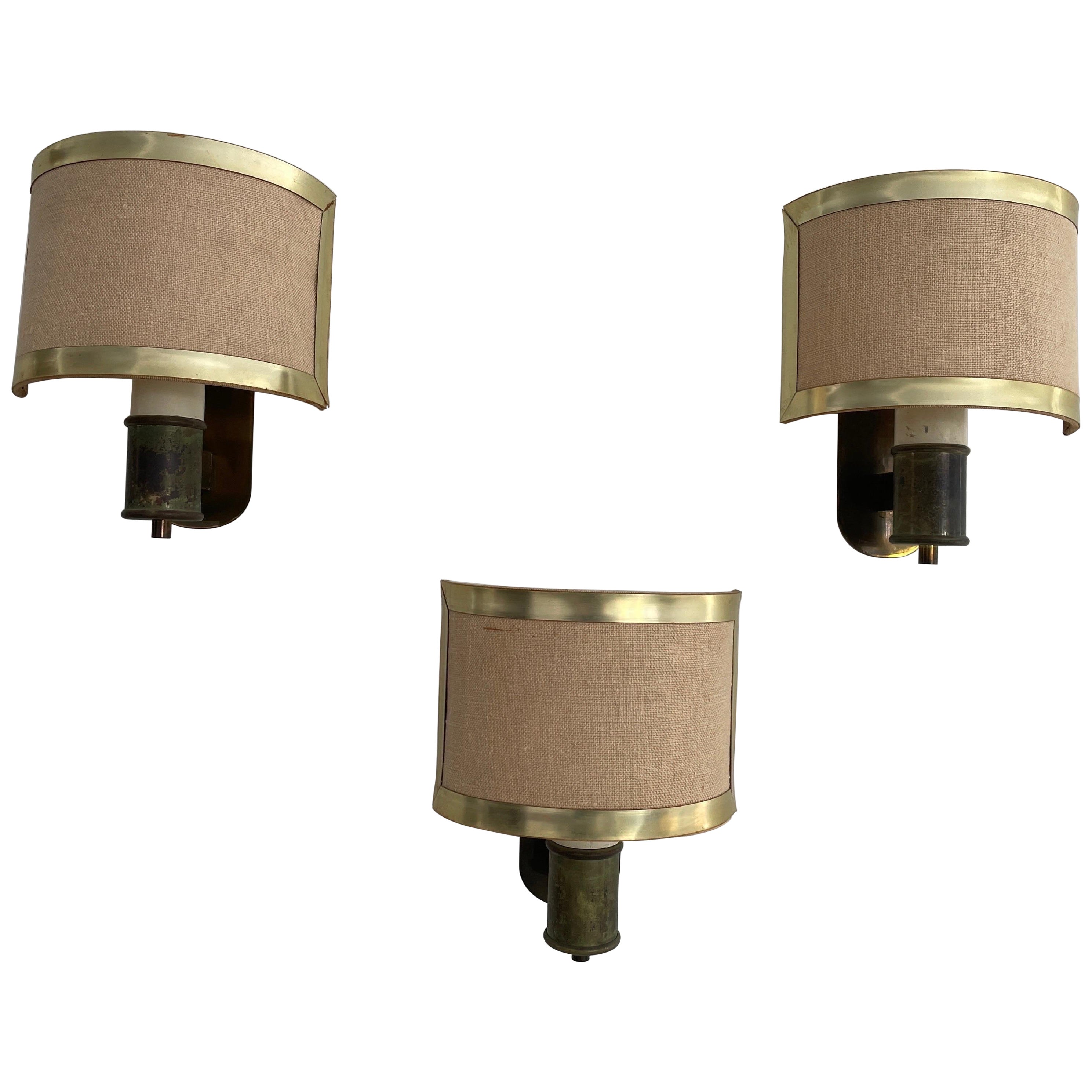 Mid-century Modern Fabric and Brass Set of 3 Sconces, 1960s, Italy For Sale