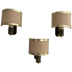 Retro Mid-century Modern Fabric and Brass Set of 3 Sconces, 1960s, Italy