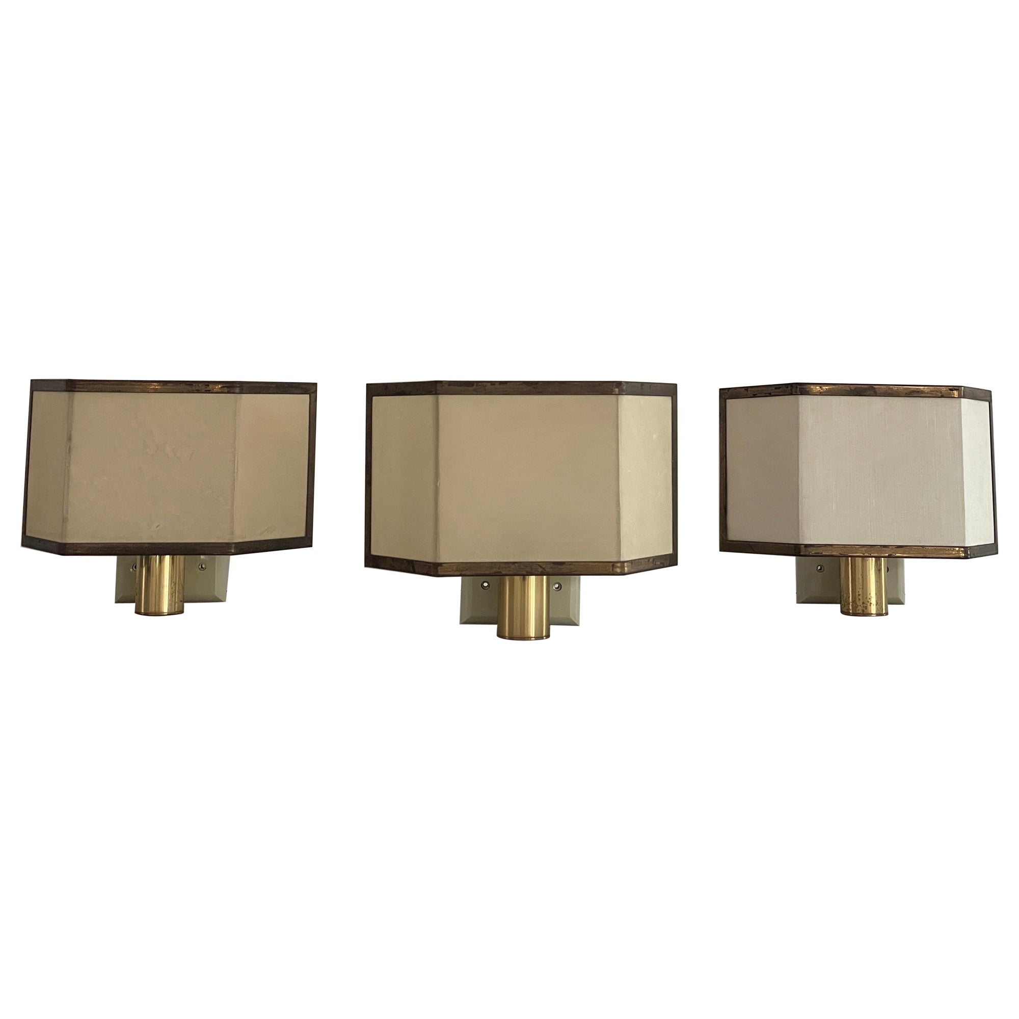 Mid-century Modern Fabric and Brass Set of 3 Sconces, 1960s, Italy For Sale