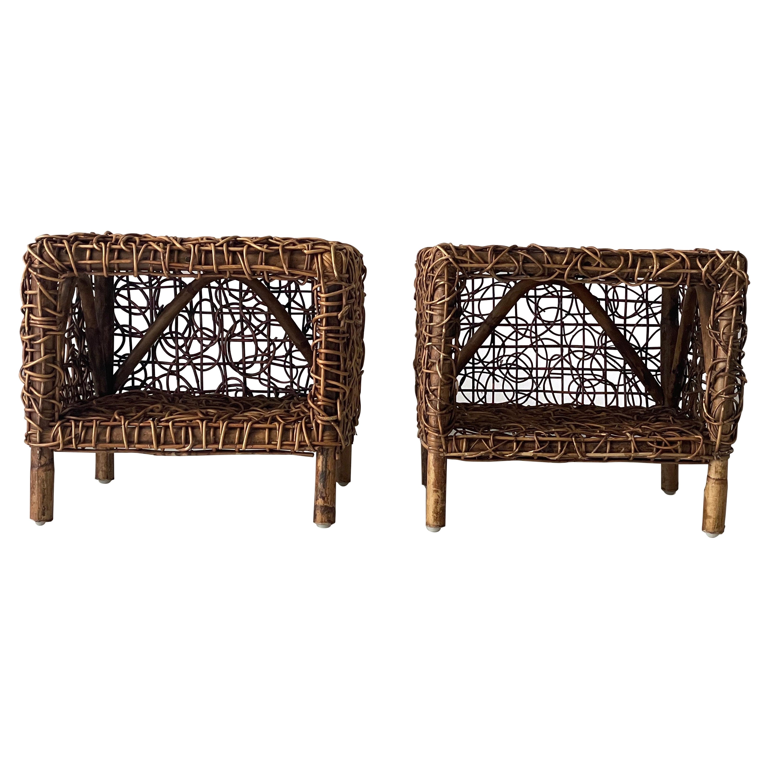 Unusual Design Woven Bamboo Pair of Bedside Tables, 1960s, Italy For Sale