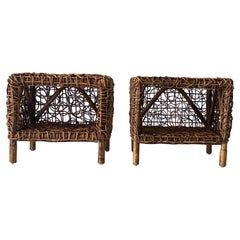Vintage Unusual Design Woven Bamboo Pair of Bedside Tables, 1960s, Italy