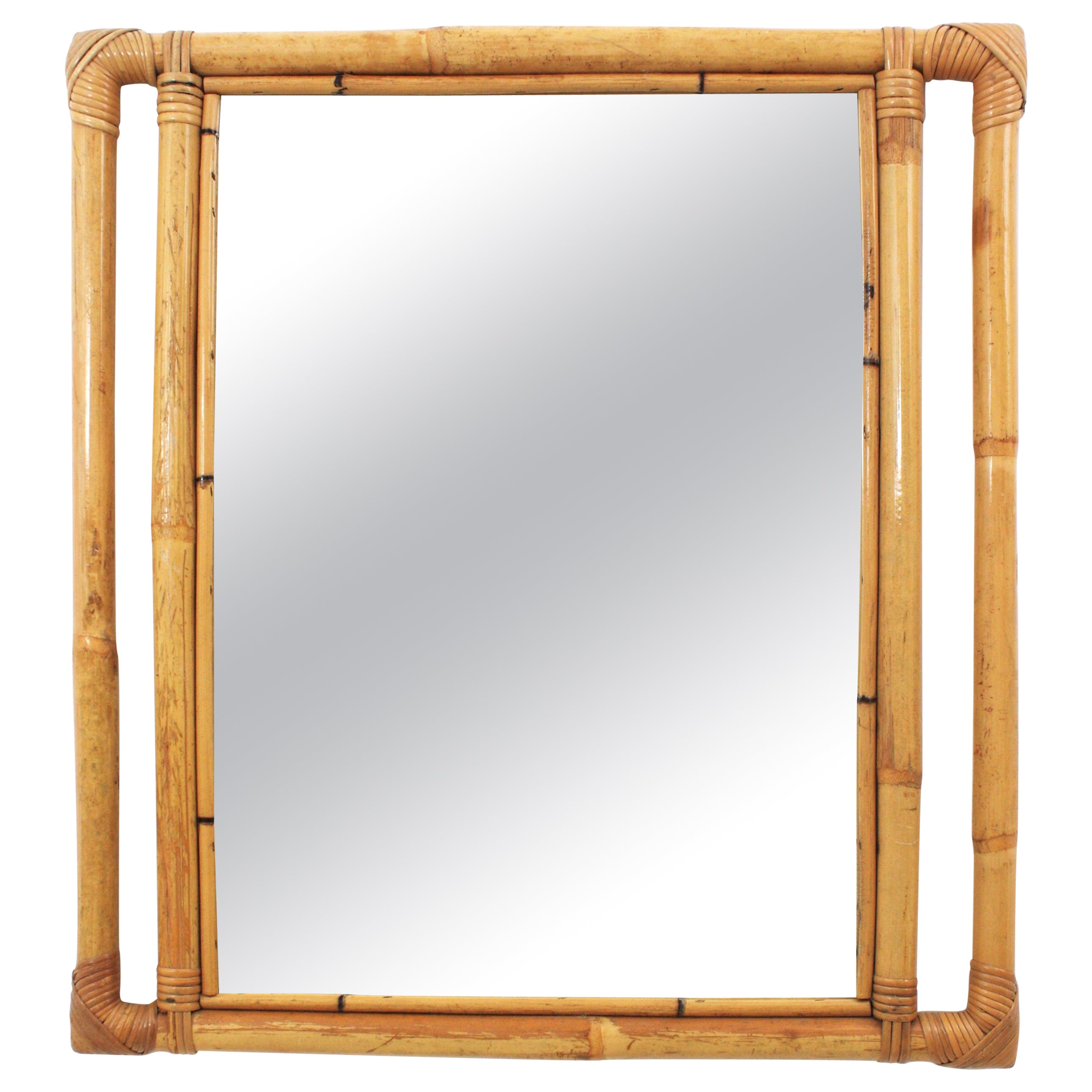 Miroir rectangulaire en bambou et rotin avec cadre géométrique, Espagne, années 1960