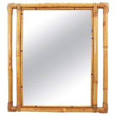 Miroir rectangulaire en bambou et rotin avec cadre géométrique, Espagne, années 1960