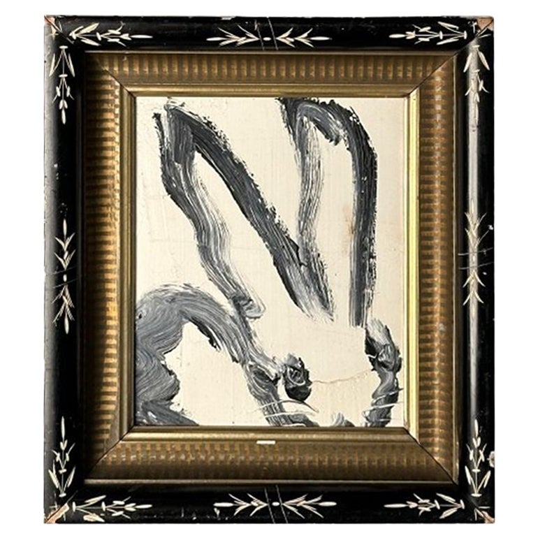 Hunt Slonem, Black and White Bunny Oil Painting, Framed, 2009 For Sale