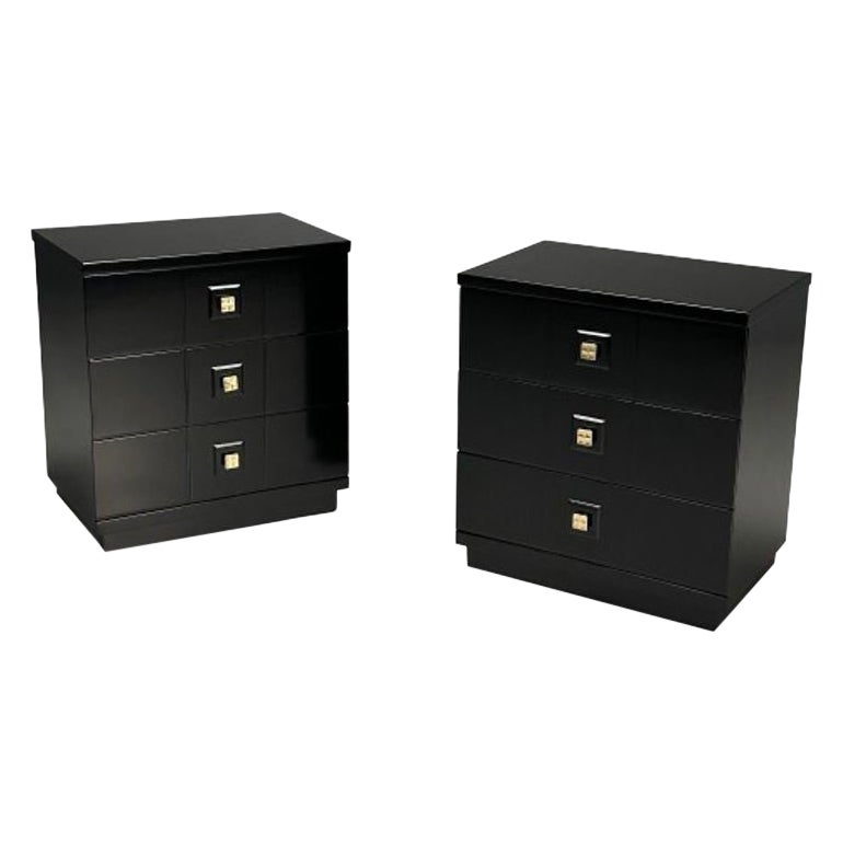Mid-Century Modern, Nightstands, Chests, Black Lacquer, Brass, USA, 1970s For Sale