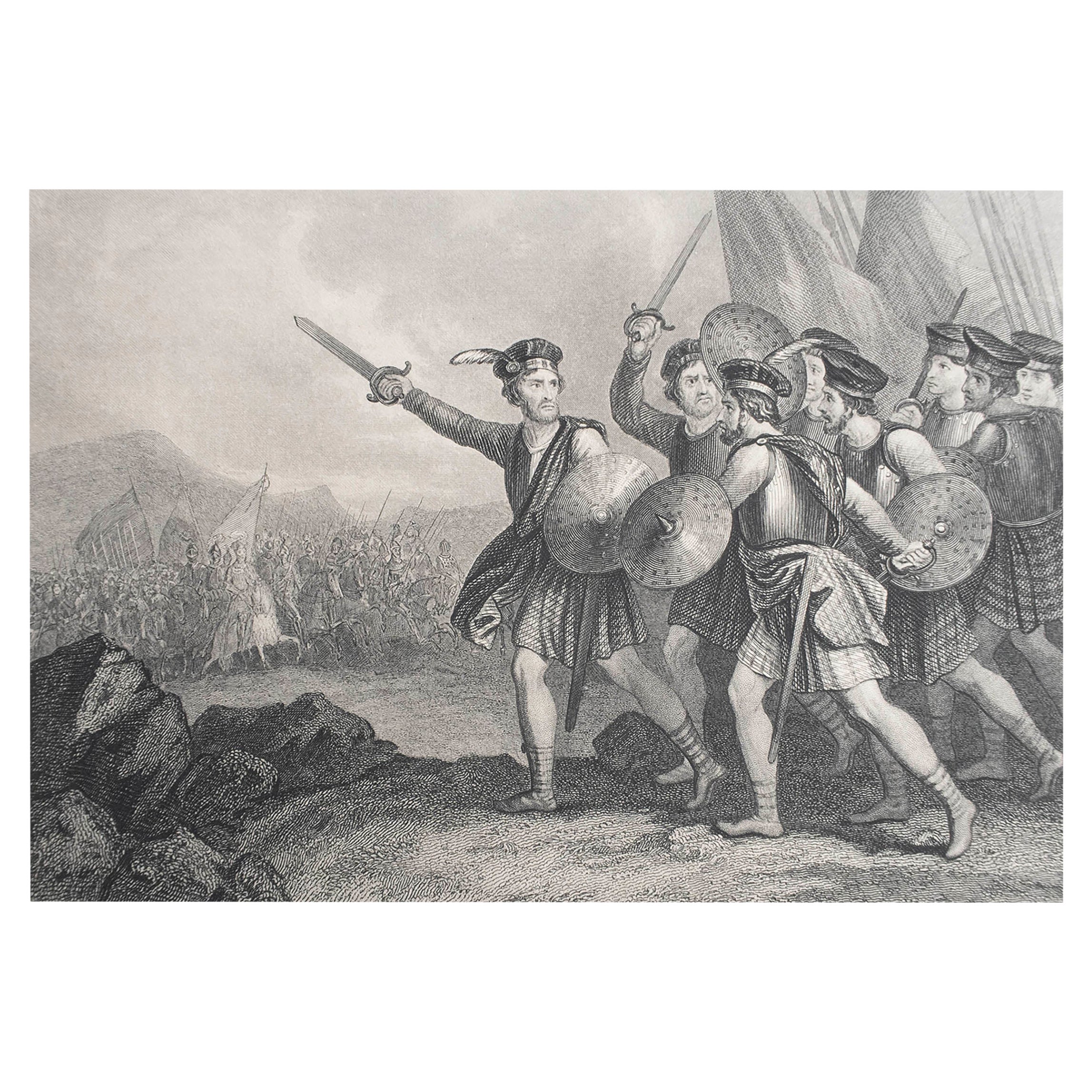 Grabado original antiguo de William Wallace en batalla. C.1850