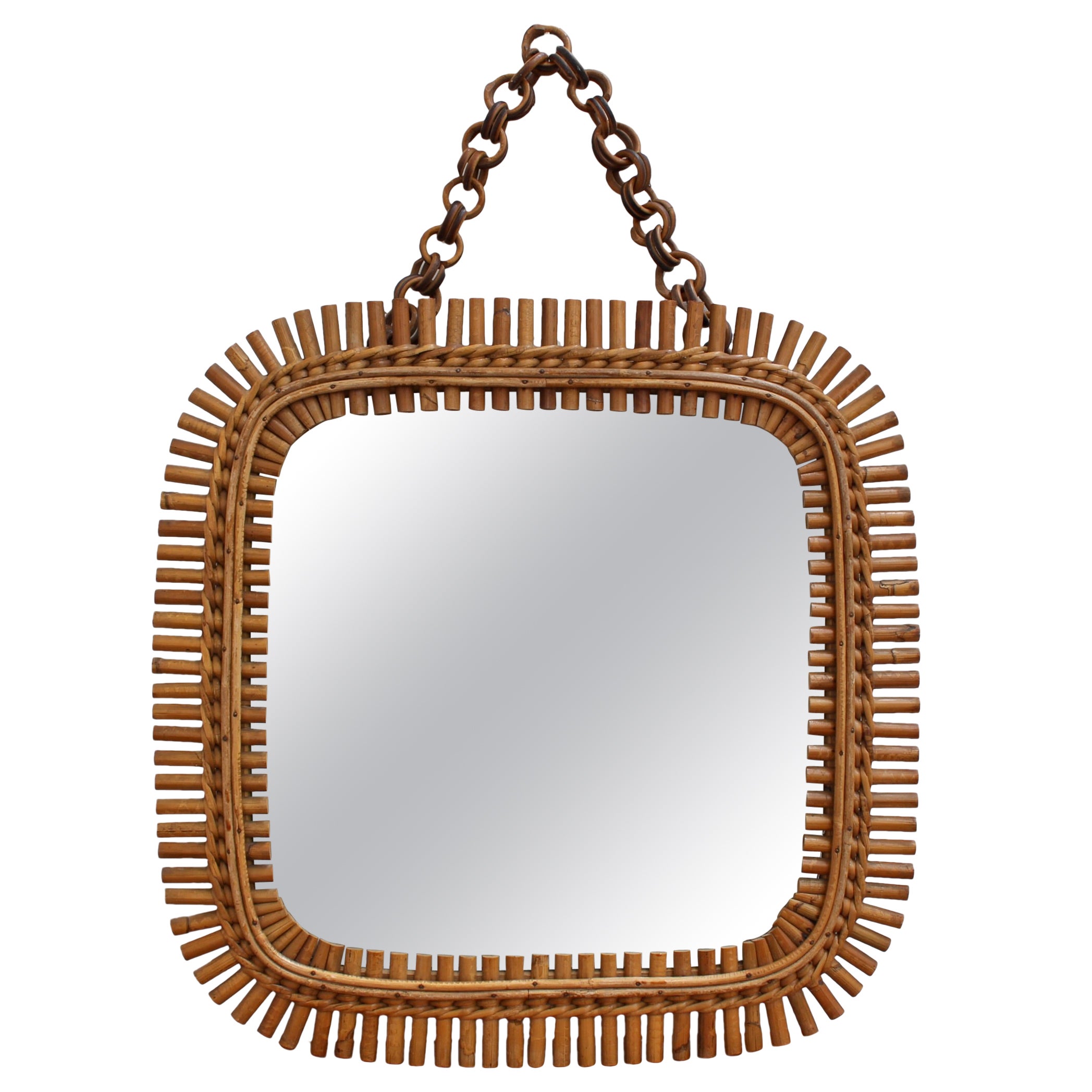 Mid-Century Italian Rattan Mirror with Hanging Chain (circa 1960s) For Sale