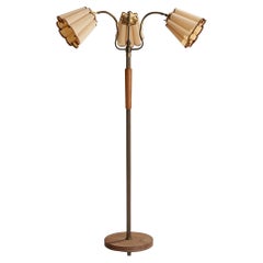 Swedish Designer, Floor Lamp, Brass, Elm, Parchment Paper, Sweden, 1940s