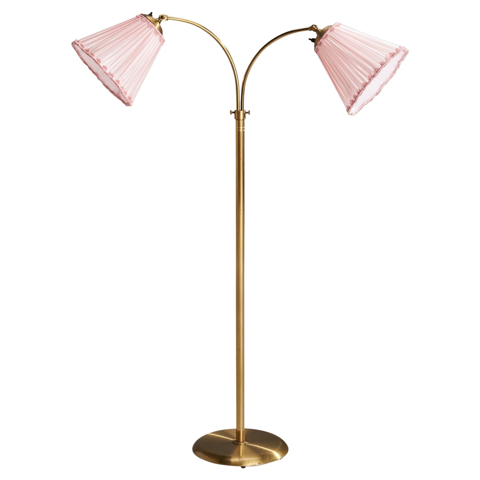 Corona Belysning, Floor Lamp, Brass, Fabric, Sweden, 1940s For Sale
