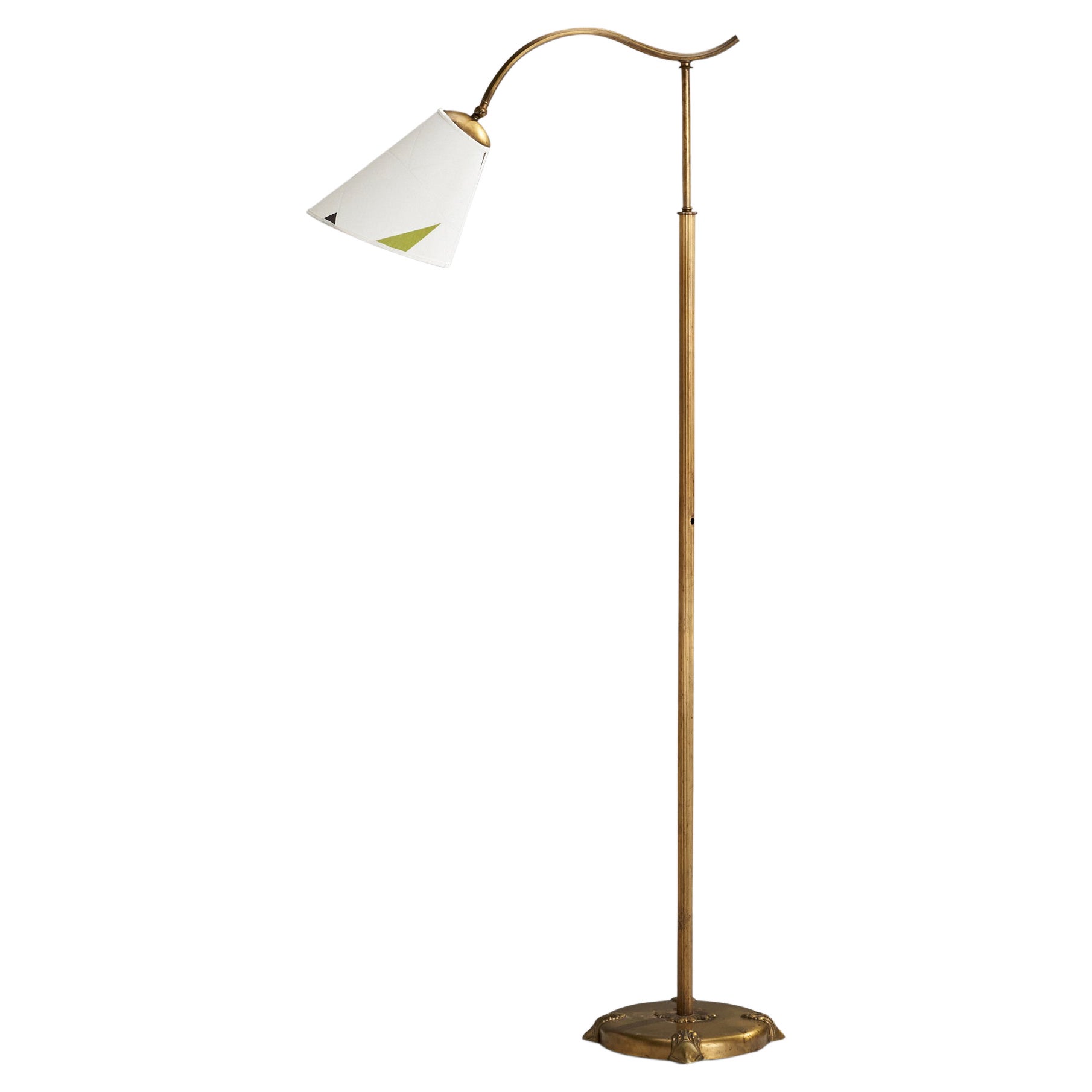 Swedish Designer, Floor Lamp, Brass, Fabric, Sweden, 1930s For Sale