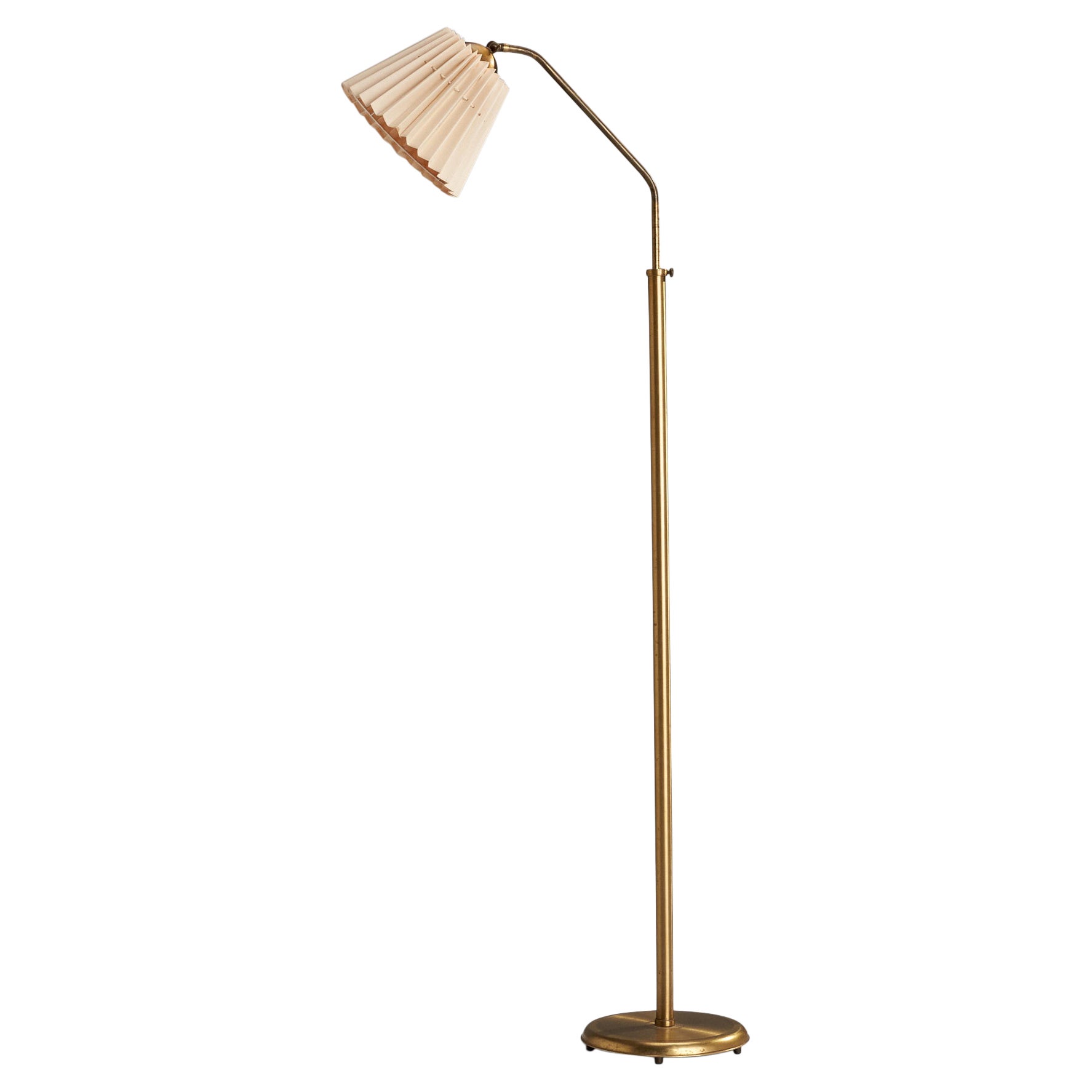 Swedish Designer, Floor Lamp, Brass, Fabric, Sweden, 1940s For Sale