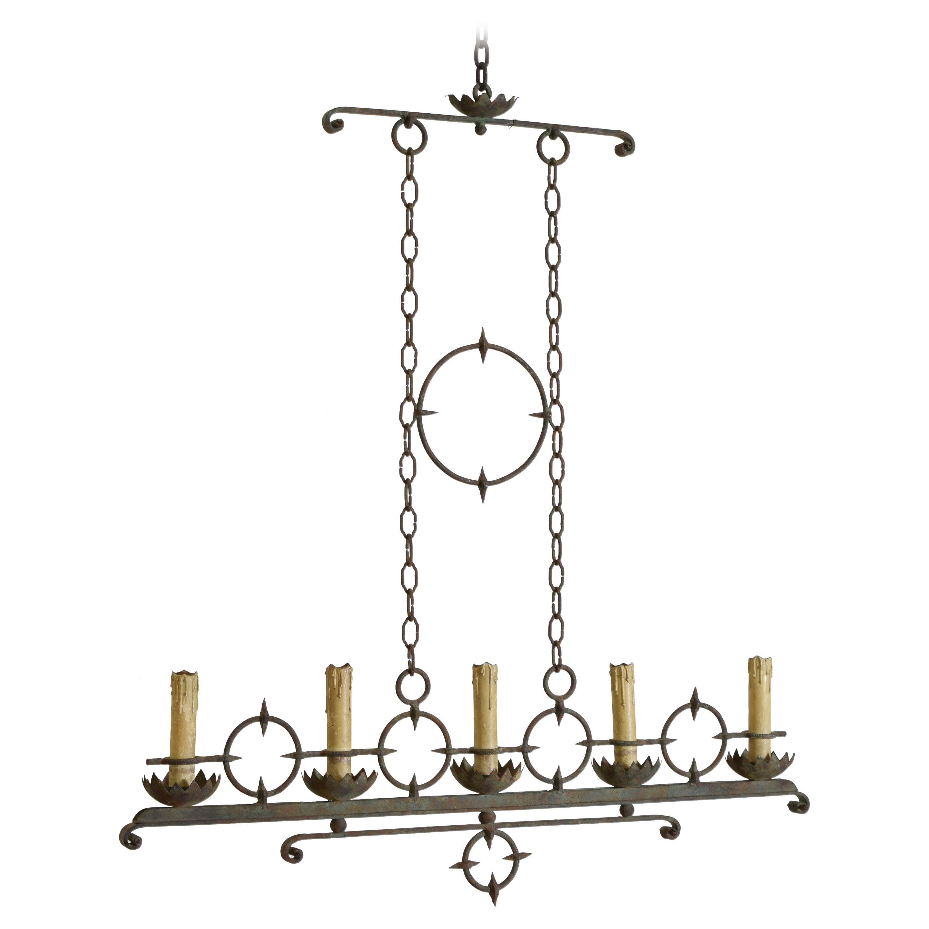 French Arts & Crafts Wrought Iron & Painted Iron 5-Light Chandelier, Early 20thc For Sale