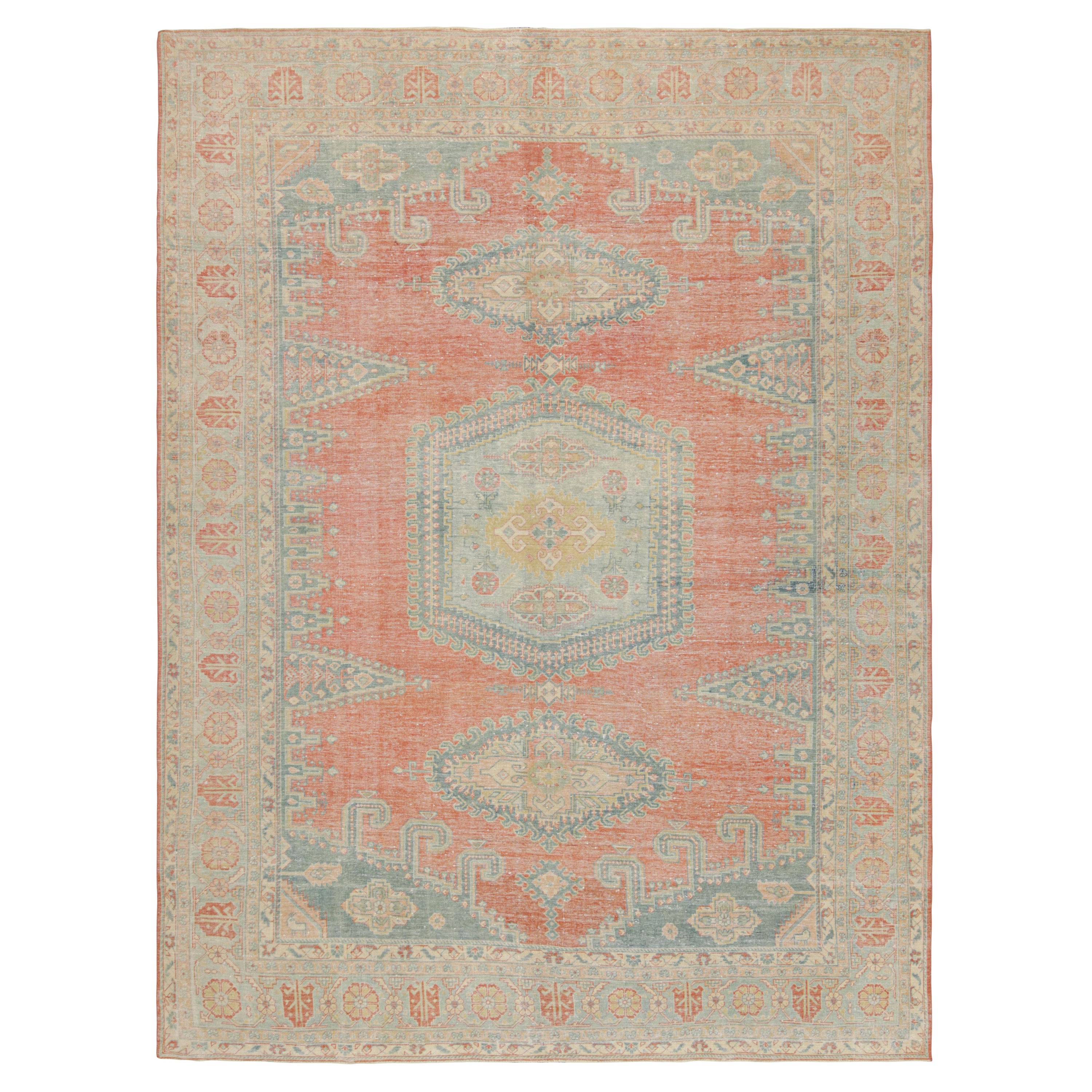 Vintage Turkish Oushak Rug in Red with Blue Medallions, from Rug & Kilim For Sale