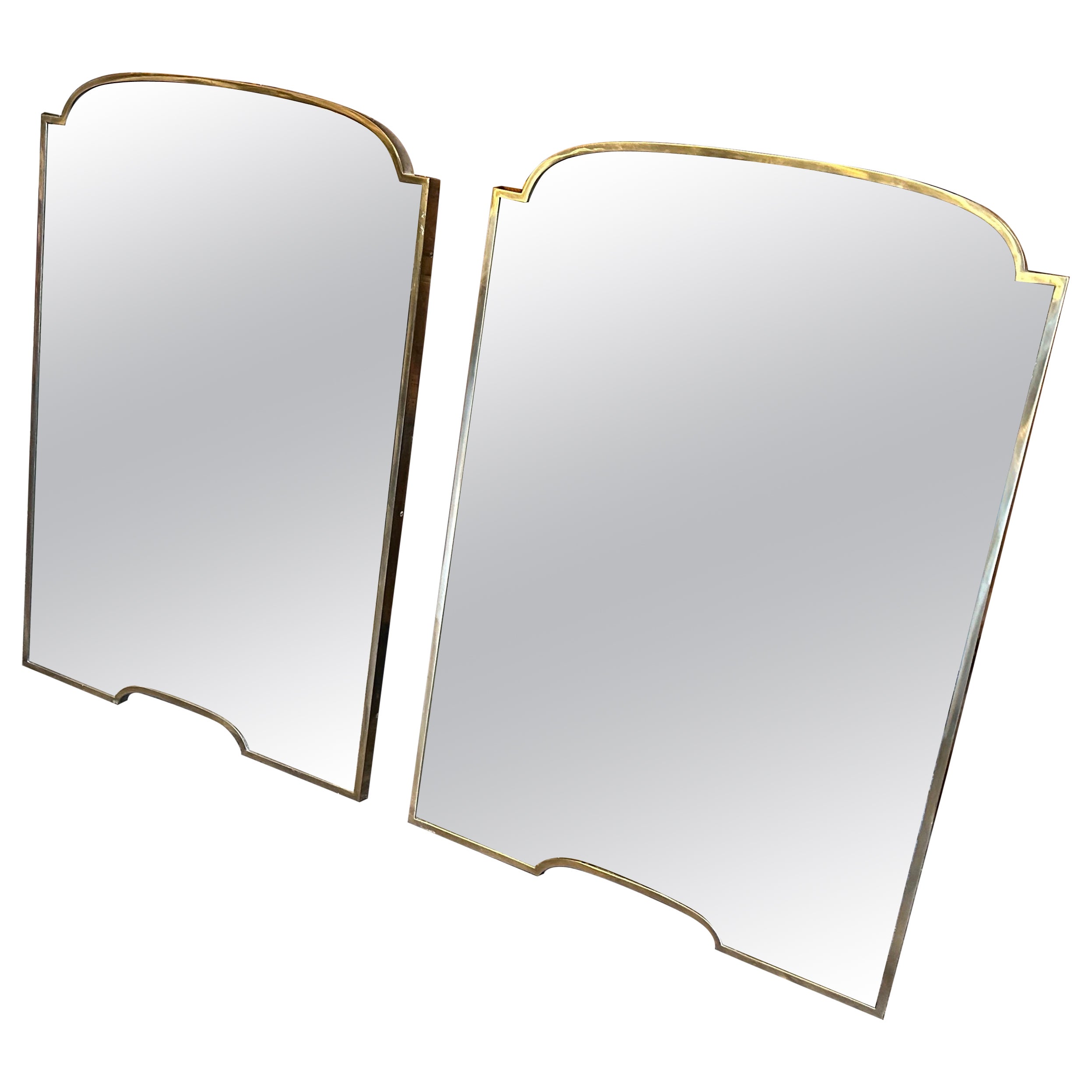 Set of Two 1950s Gio Ponti Style Mid-Century Modern Brass Italian Wall Mirrors For Sale