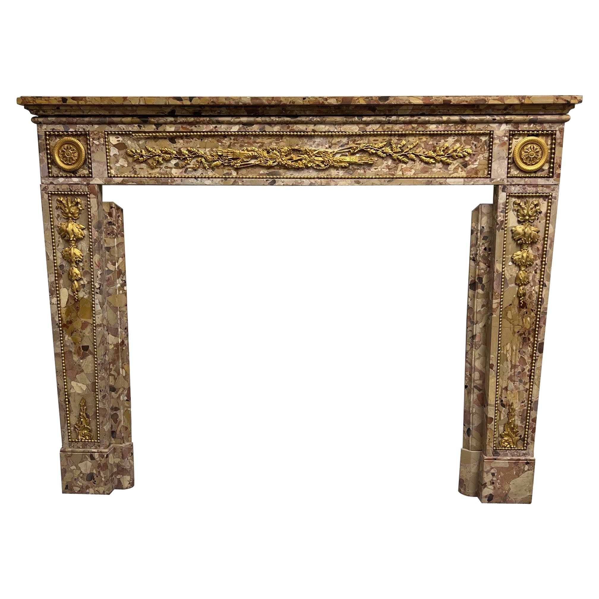 Antique Louis XVI Breche d'Alep Marble Fireplace Mantel with Bronze Ormolu  For Sale