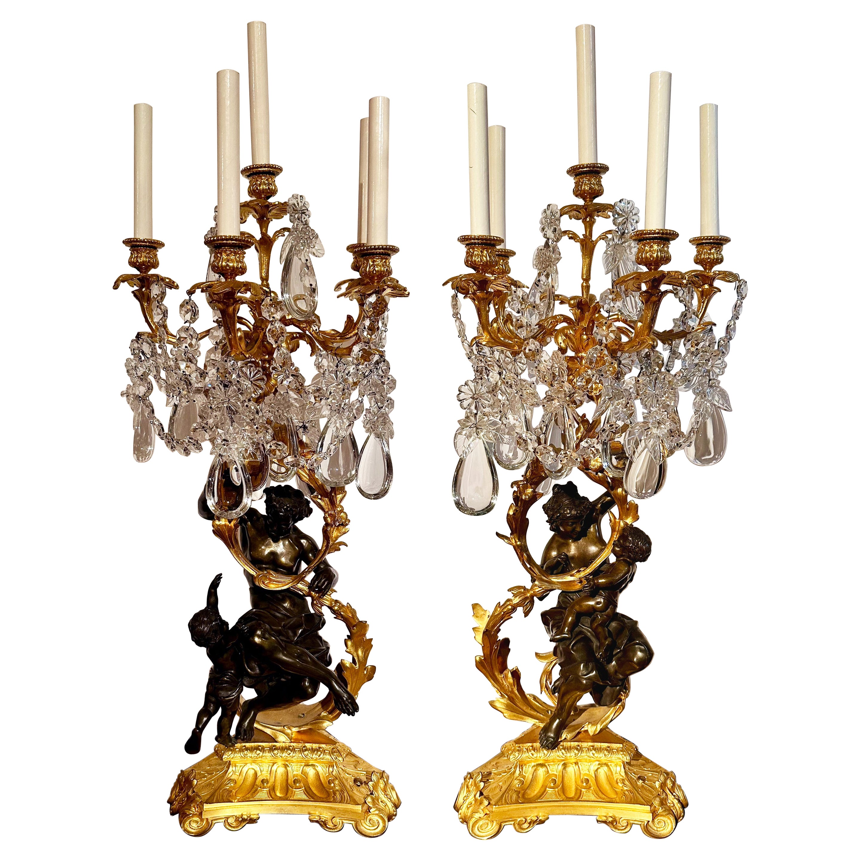 Pair Antique French Napoleon III Baccarat Crystal & Bronze Candelabra Circa 1860 For Sale
