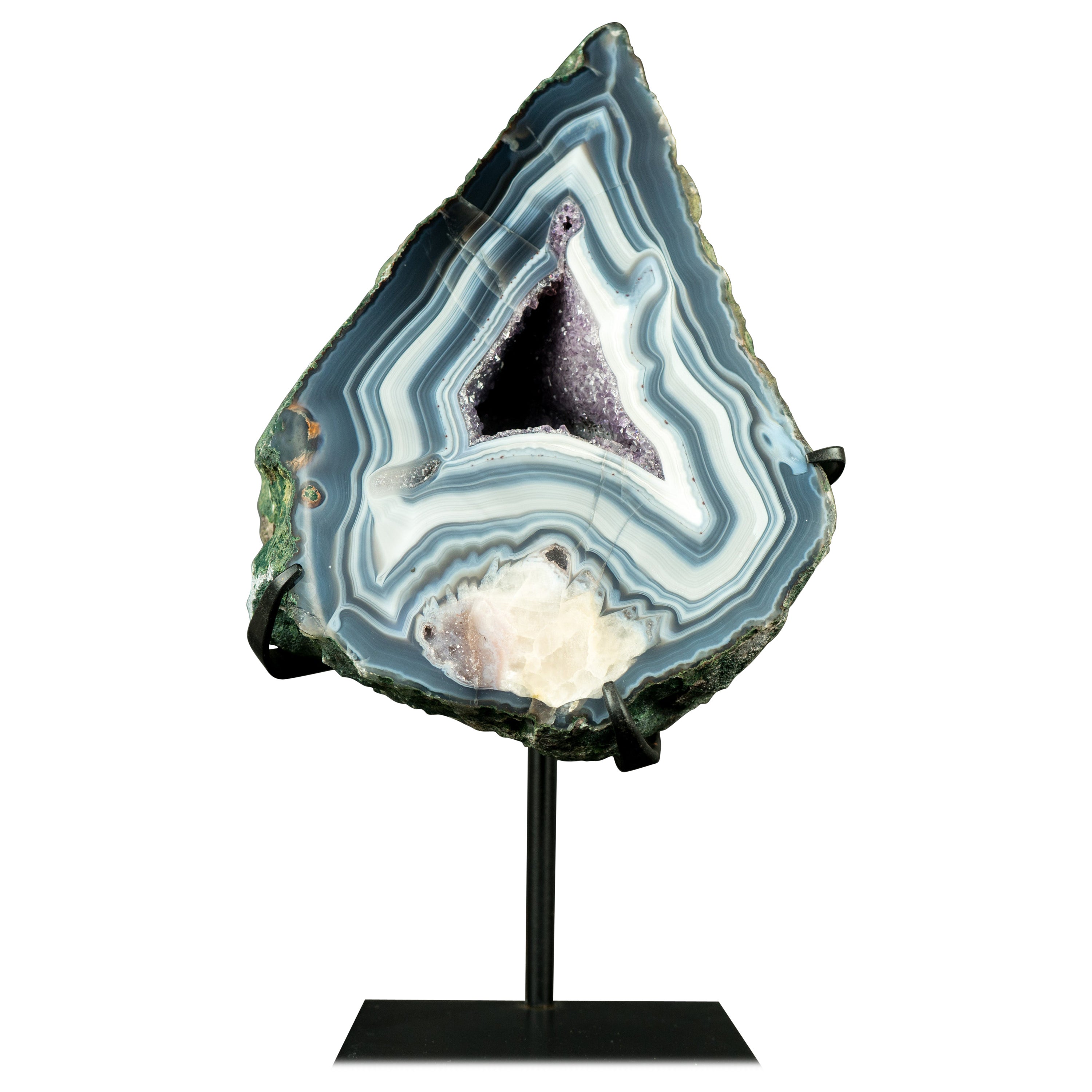 A Collectors Blue and White Lace Agate with Calcite Flower Inclusion  For Sale