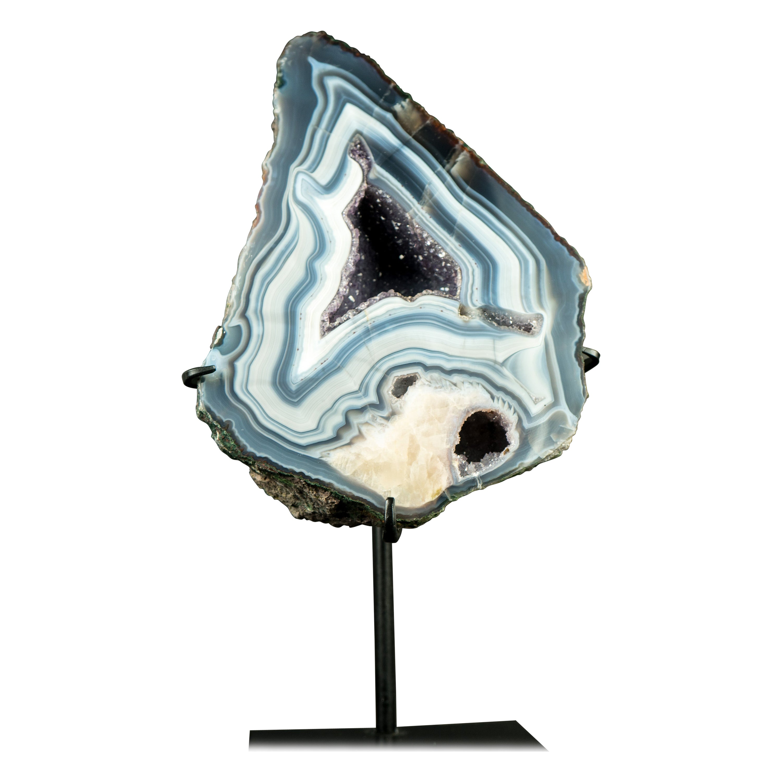 Blue and White Lace Agate Geode with Calcite Flower Inclusion: A Rare Agate For Sale