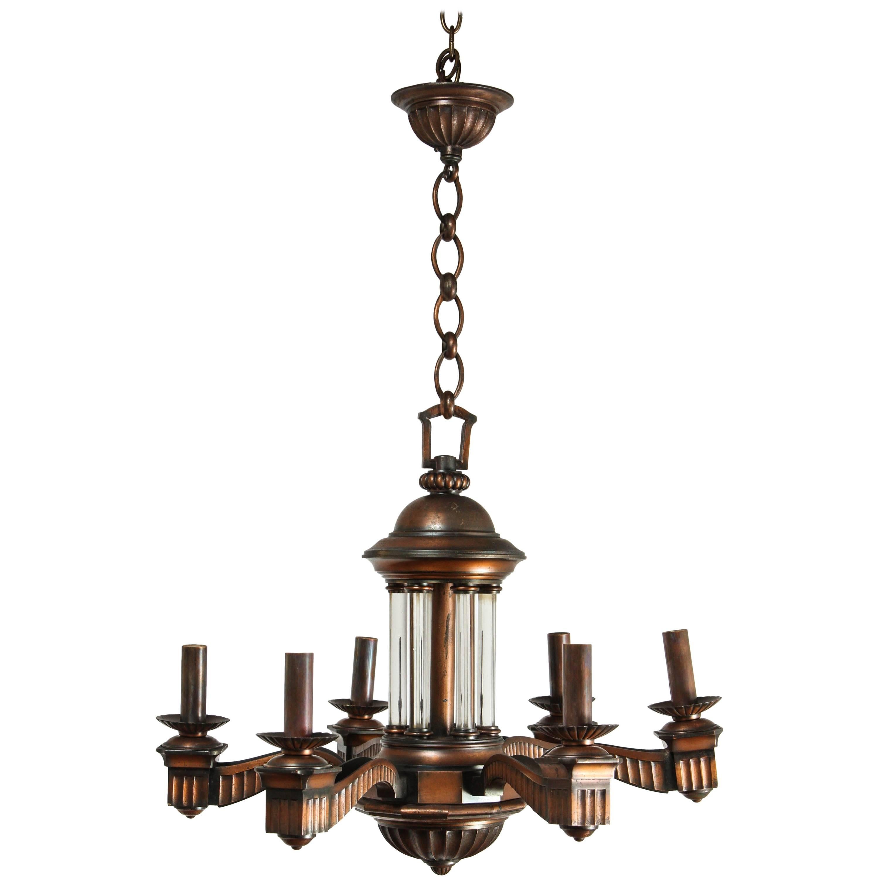 American Bronze and Glass Neoclassical Chandelier For Sale