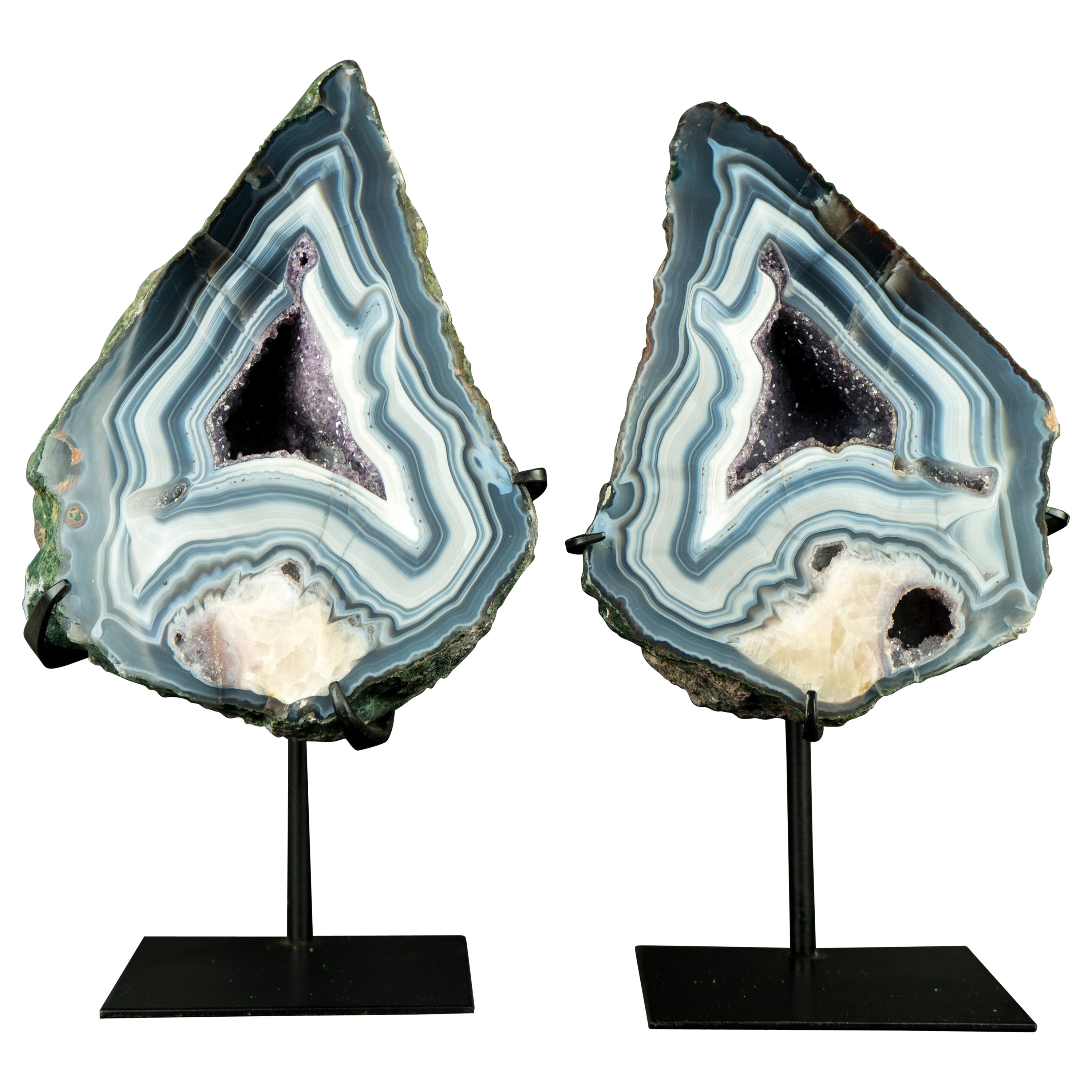 Pair of Rare Blue Lace Agate Geodes, Gallery-Grade with Calcite Flower Inclusion For Sale