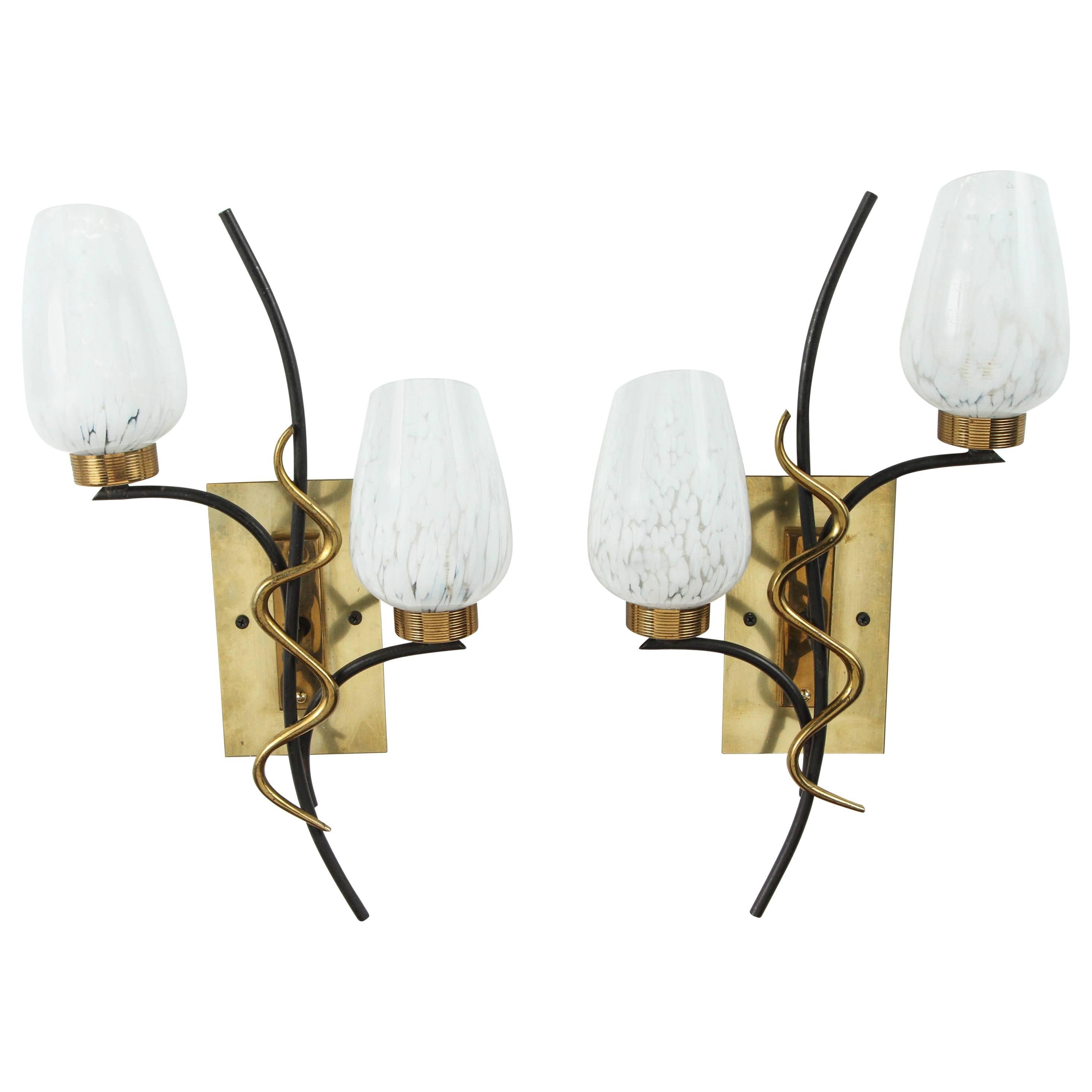 Pair of Mid-Century French Double Sconces For Sale