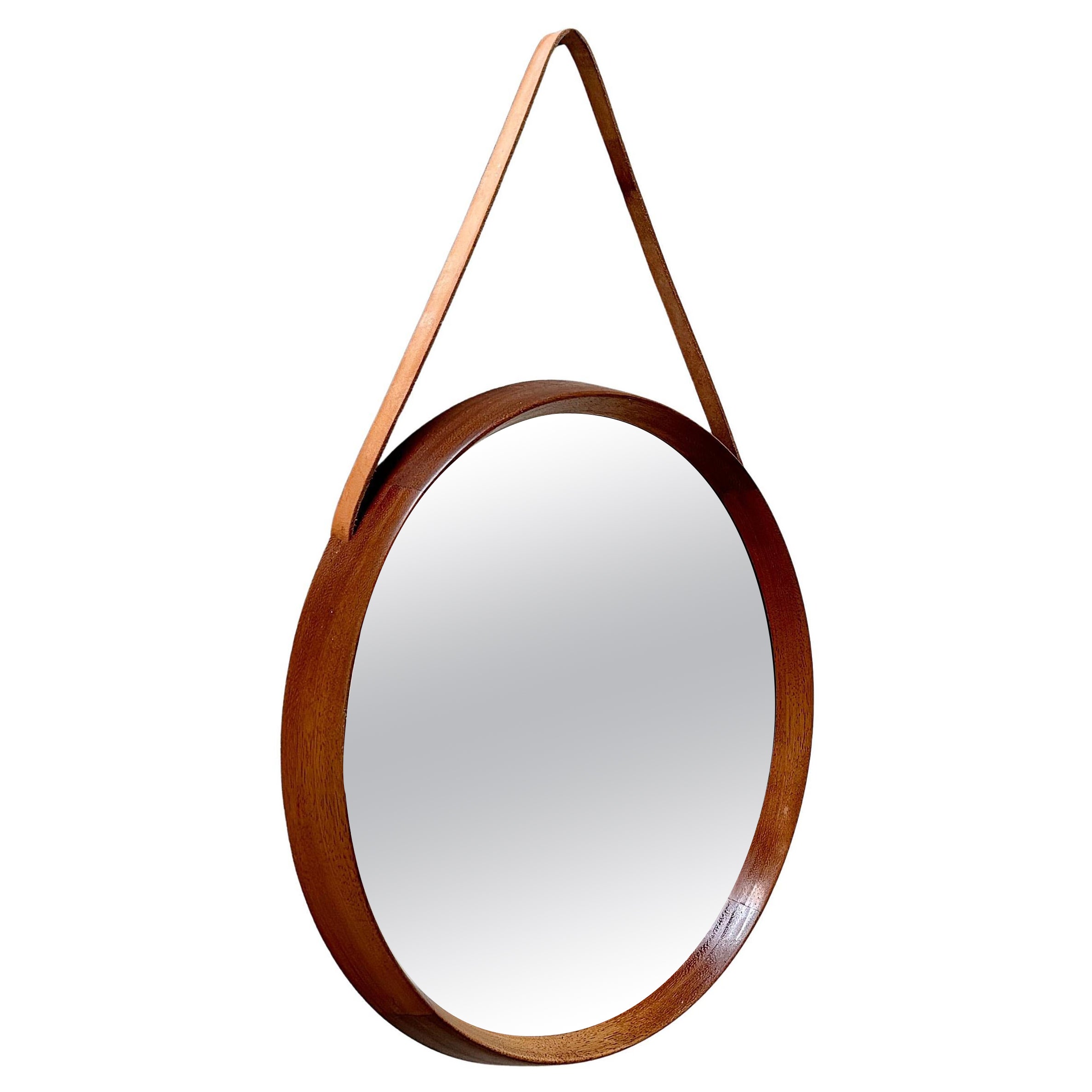UNO & ÖSTEN KRISTIANSSON Round Wall Mirror for Luxus, Teak Leather 1960s, Sweden For Sale