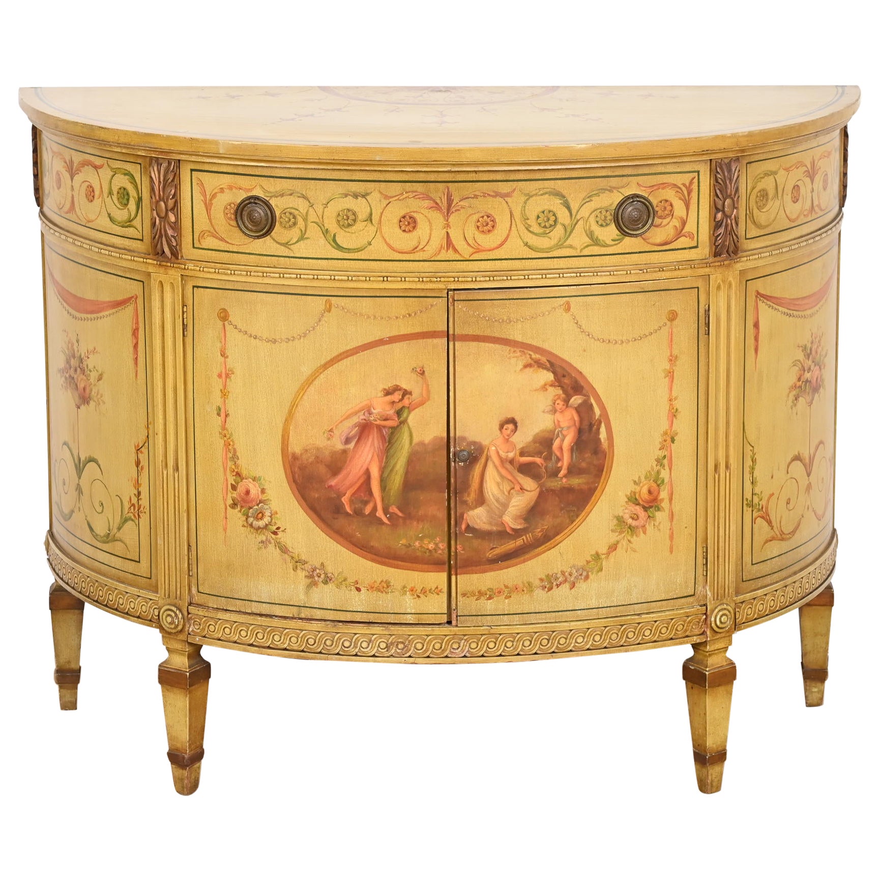 Italian Neoclassical Hand Painted Demilune Console or Bar Cabinet For Sale
