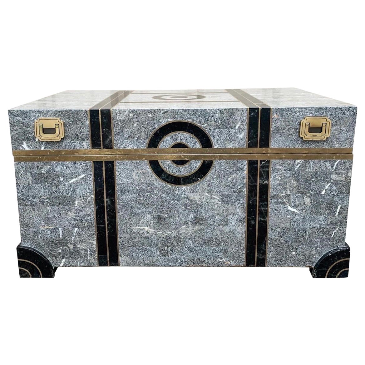 Vintage Maitland-Smith Tessellated Stone Marble With Brass Inlay Trunk