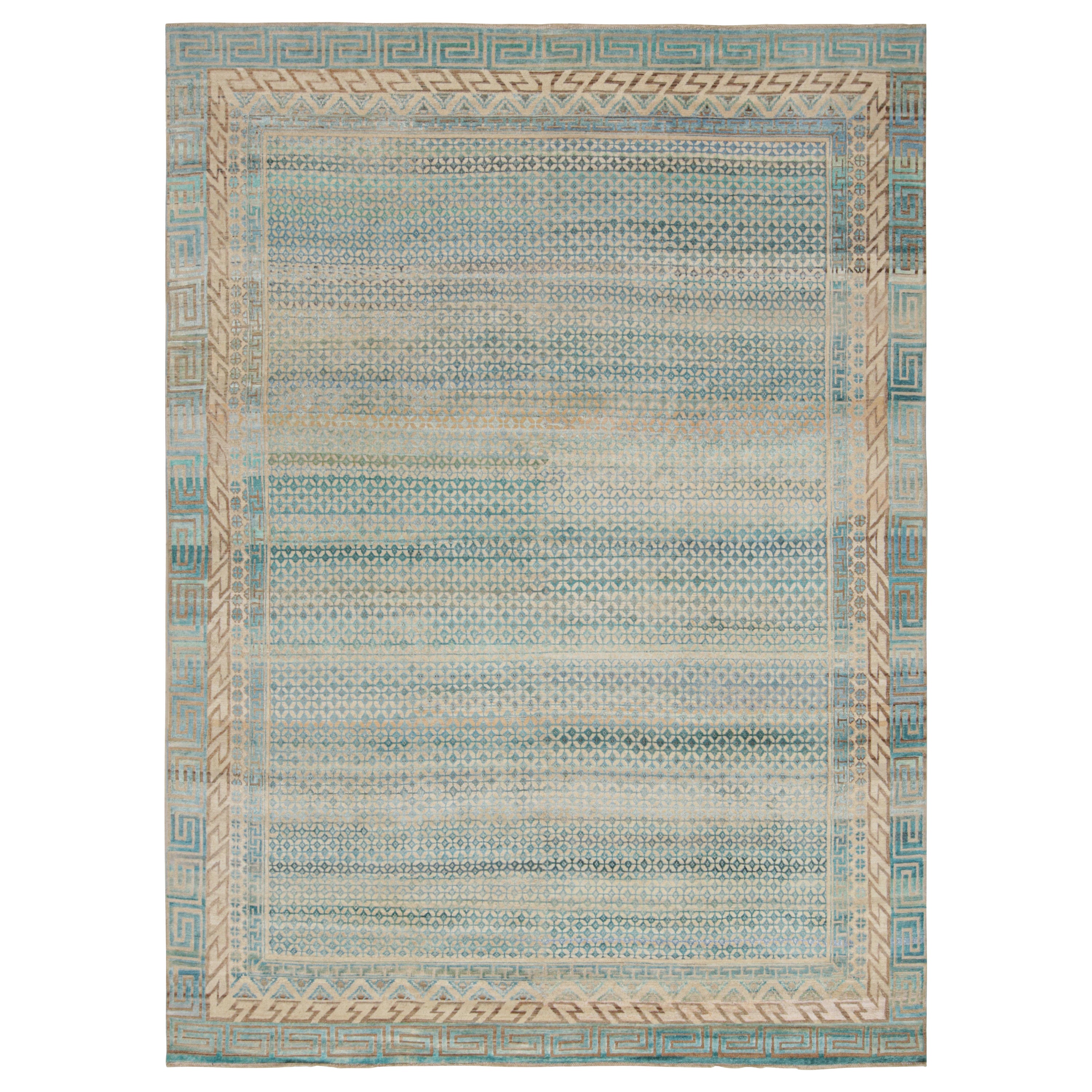 Rug & Kilim’s Contemporary Rug with Beige and Blue Geometric Patterns For Sale