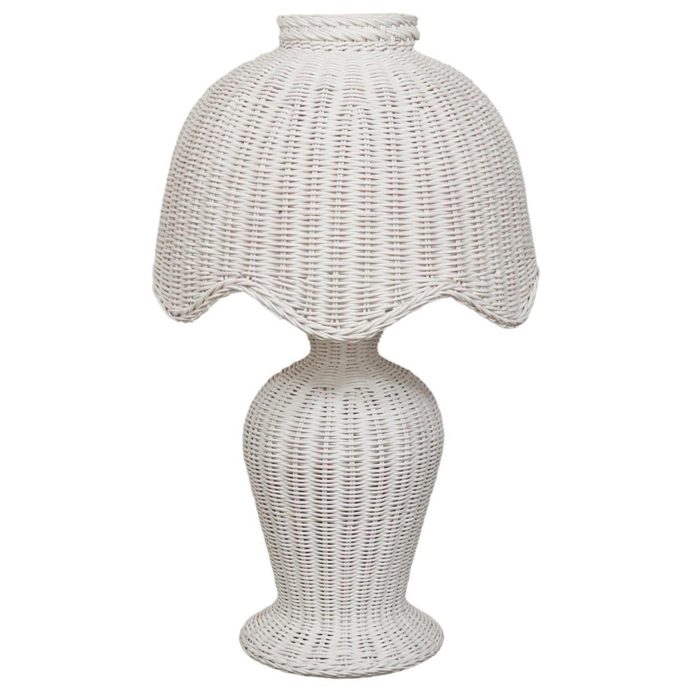 1970’s White Wicker Scalloped Table Lamp For Sale
