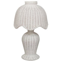 Vintage 1970’s White Wicker Scalloped Table Lamp