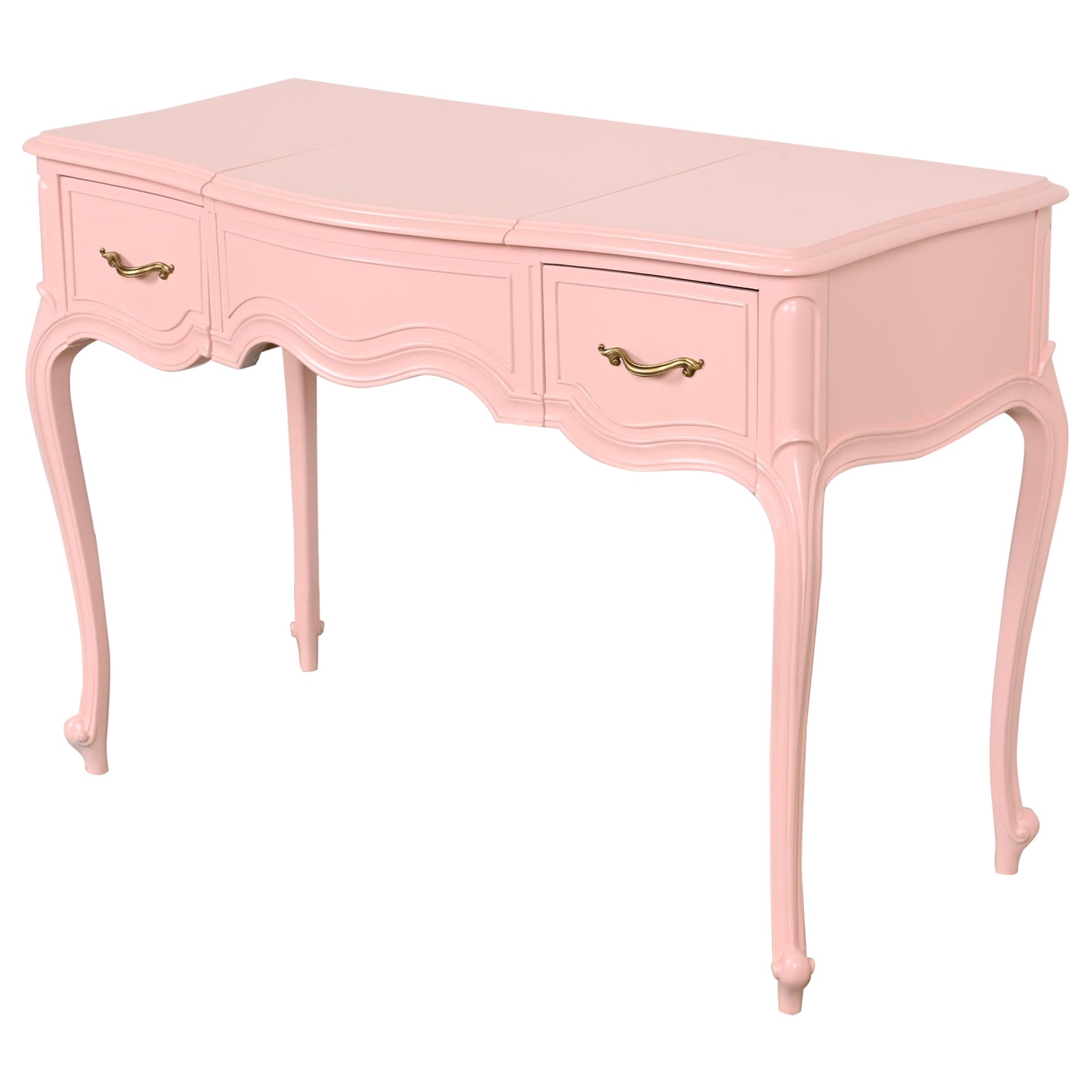 Drexel French Provincial Louis XV Pink Lacquered Vanity With Flip Up Mirror For Sale