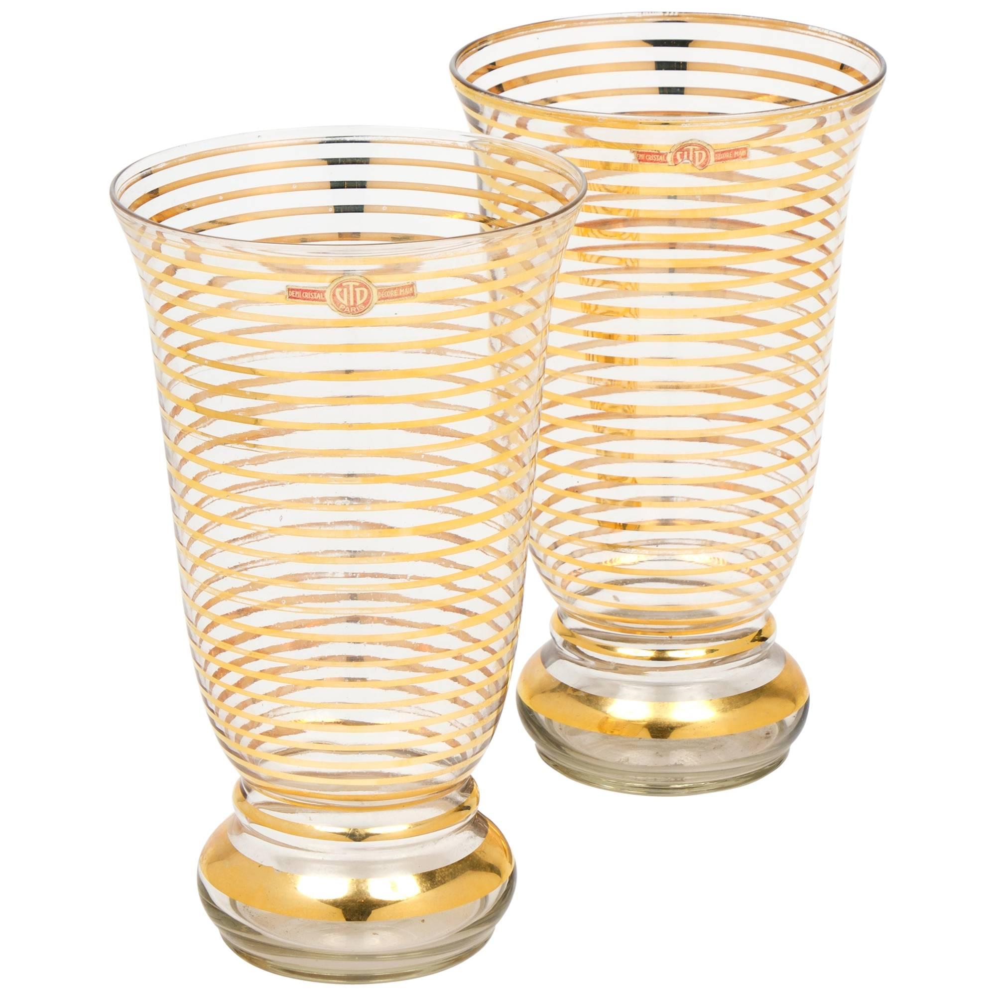 French Art Deco Gilt Stripe Crystal Vases
