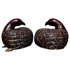 Japan Huge Antique Pair Quail Sculptures Hand-Carved Red Lacquered