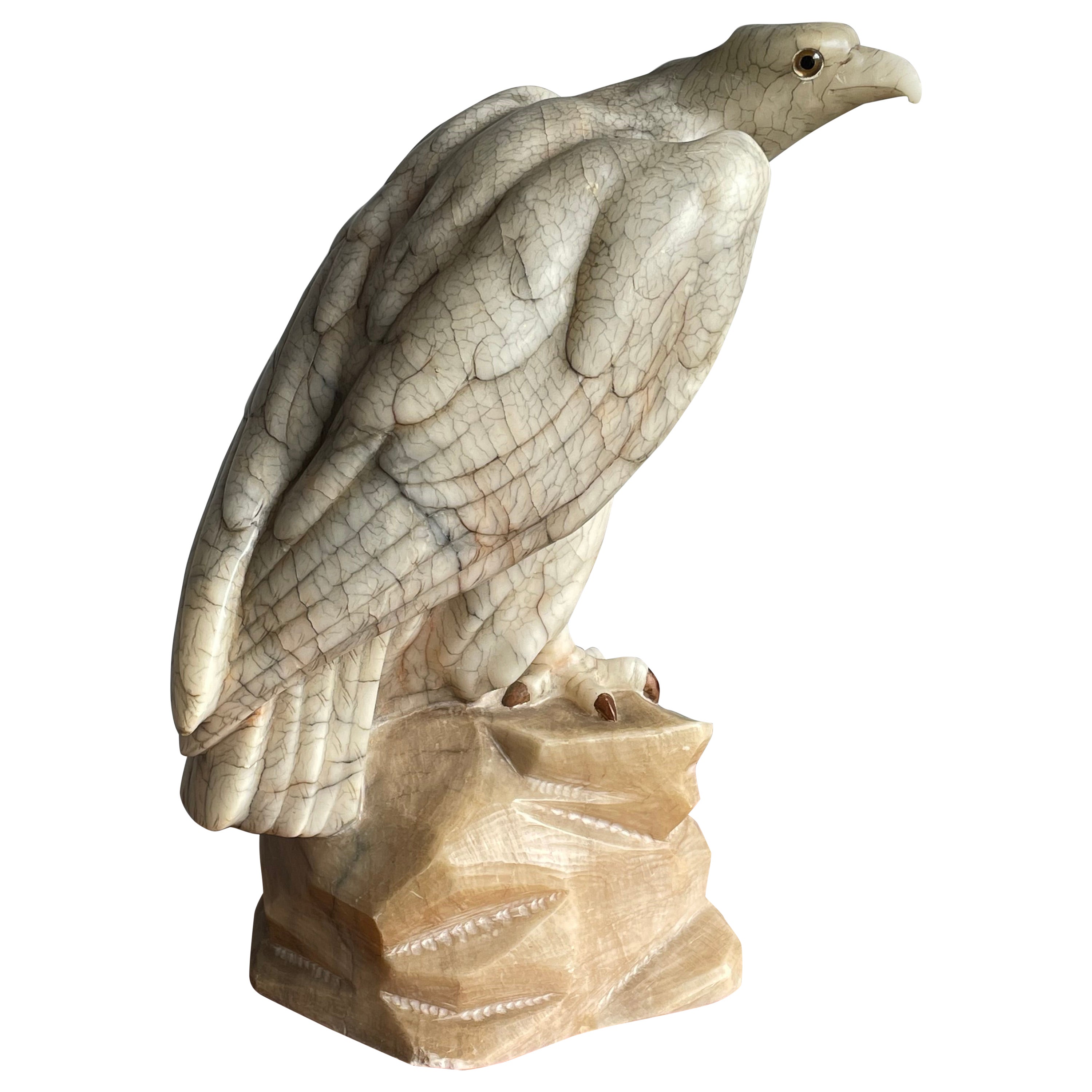 Large Majestic & Lifelike Antique Alabaster Bald Eagle Sculpture w. Glass Eyes For Sale