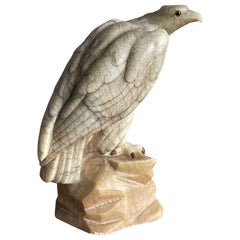 Large Majestic & Lifelike Antique Alabaster Bald Eagle Sculpture w. Glass Eyes