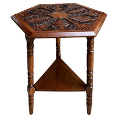 Used English Cricket Table Hexagon Carved Oak End Side Table Arts and Crafts