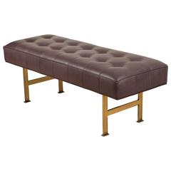 1960s Tufted Leather Bench with Brass Base