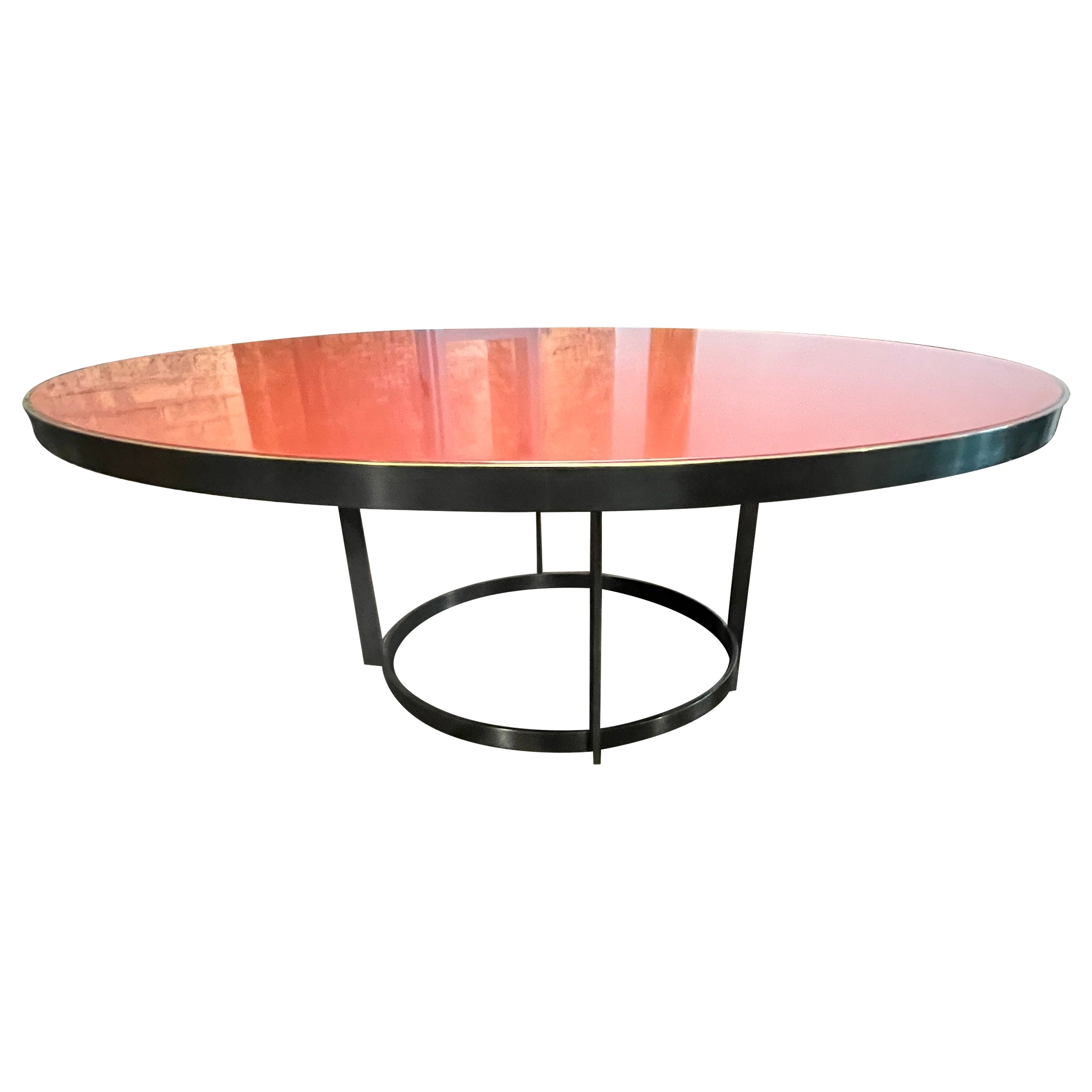 Stunning Large Custom Bronze and Red Lacquer Round Dining Table For Sale