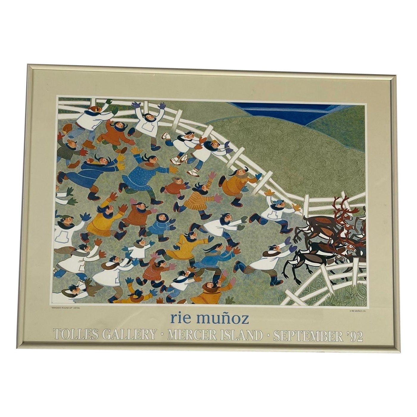 Vintage Framed Art Print Titled “ Reindeer Roundup“ by Rie Munoz. Circa 1992 For Sale