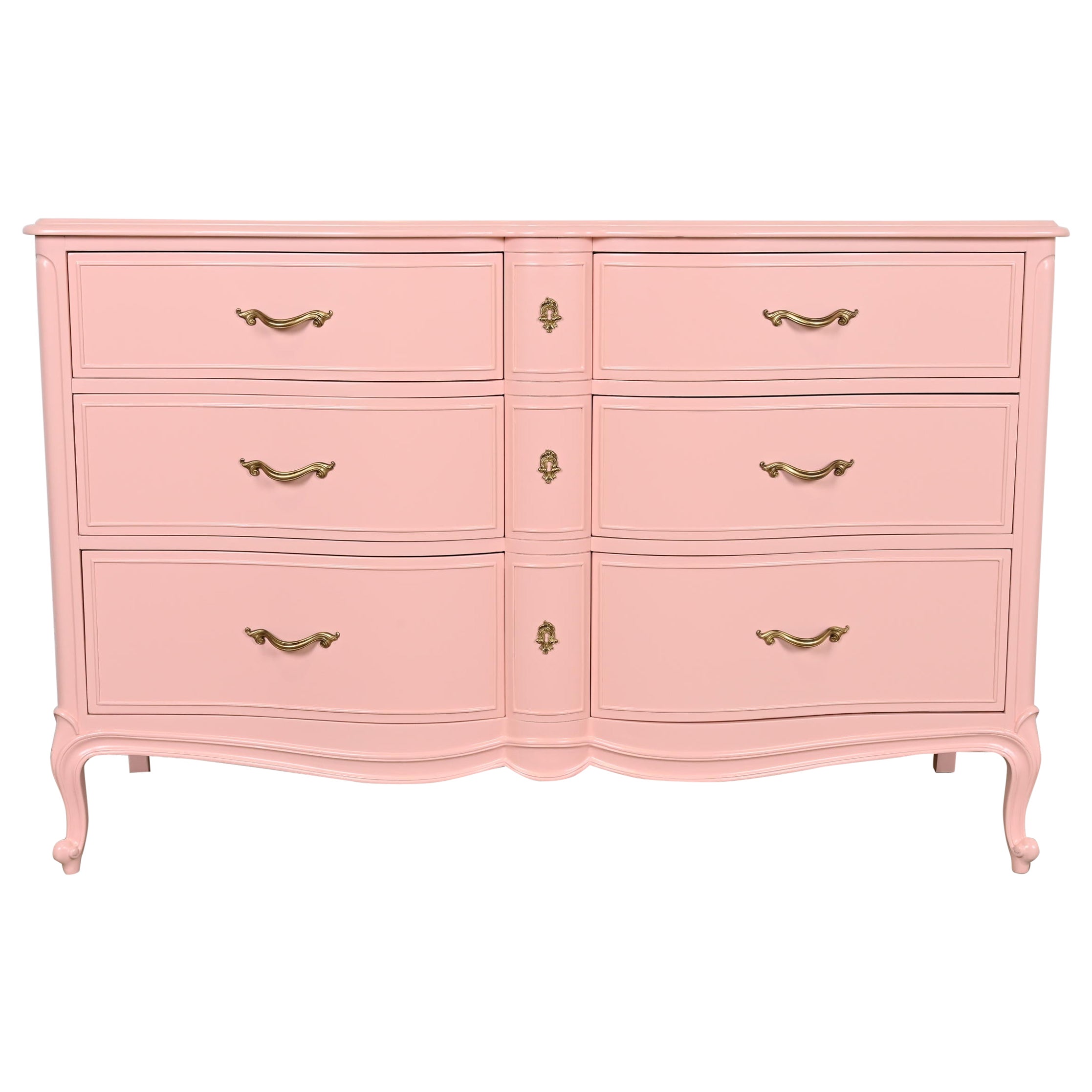 Drexel French Provincial Louis XV Pink Lacquered Dresser, Newly Refinished For Sale