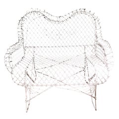 French Iron Wire Two Seat White Garden Bench Settee Loveseat 