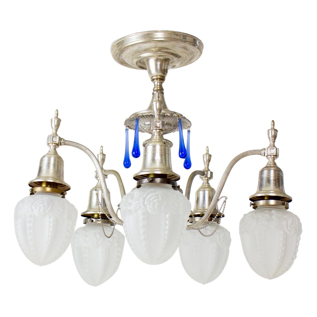 Early 20th Century Silver Plate Flush Chandelier with Blue Crystals and Frosted  For Sale