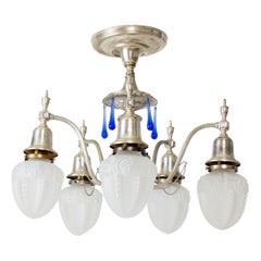 Antique Early 20th Century Silver Plate Flush Chandelier with Blue Crystals and Frosted 