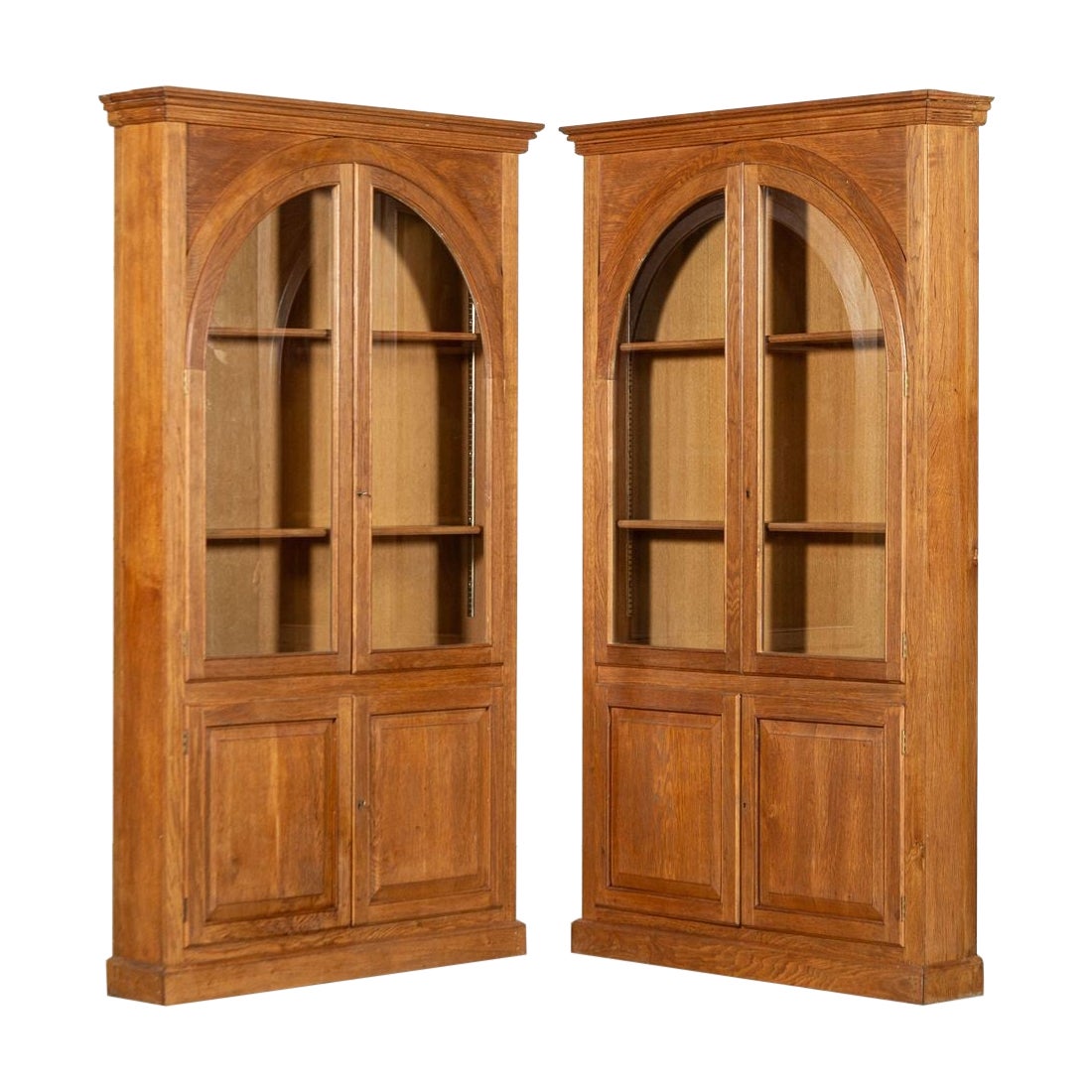 Pair English Oak Arched Glazed Bookcase Cabinets