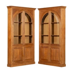 Used Pair English Oak Arched Glazed Bookcase Cabinets
