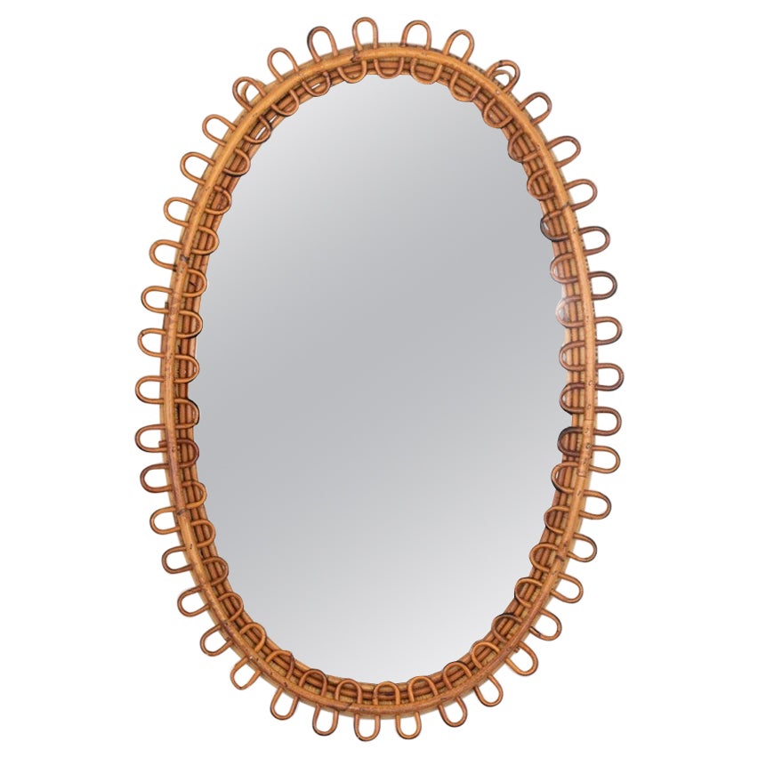 Grand miroir italien ovale en rotin en vente